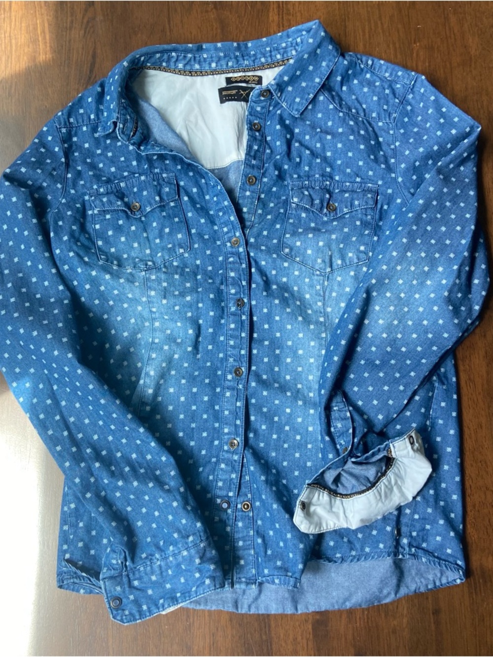 Bonobo Jeans Blissao Women Medium Blue Printed Denim Snap Front Western Shirt M